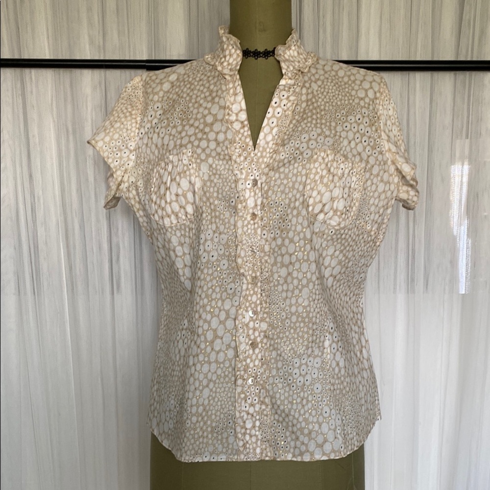 Taifun Elegant Cotton Gold Fleck Cream Blouse with Ruffle Collar Size 10